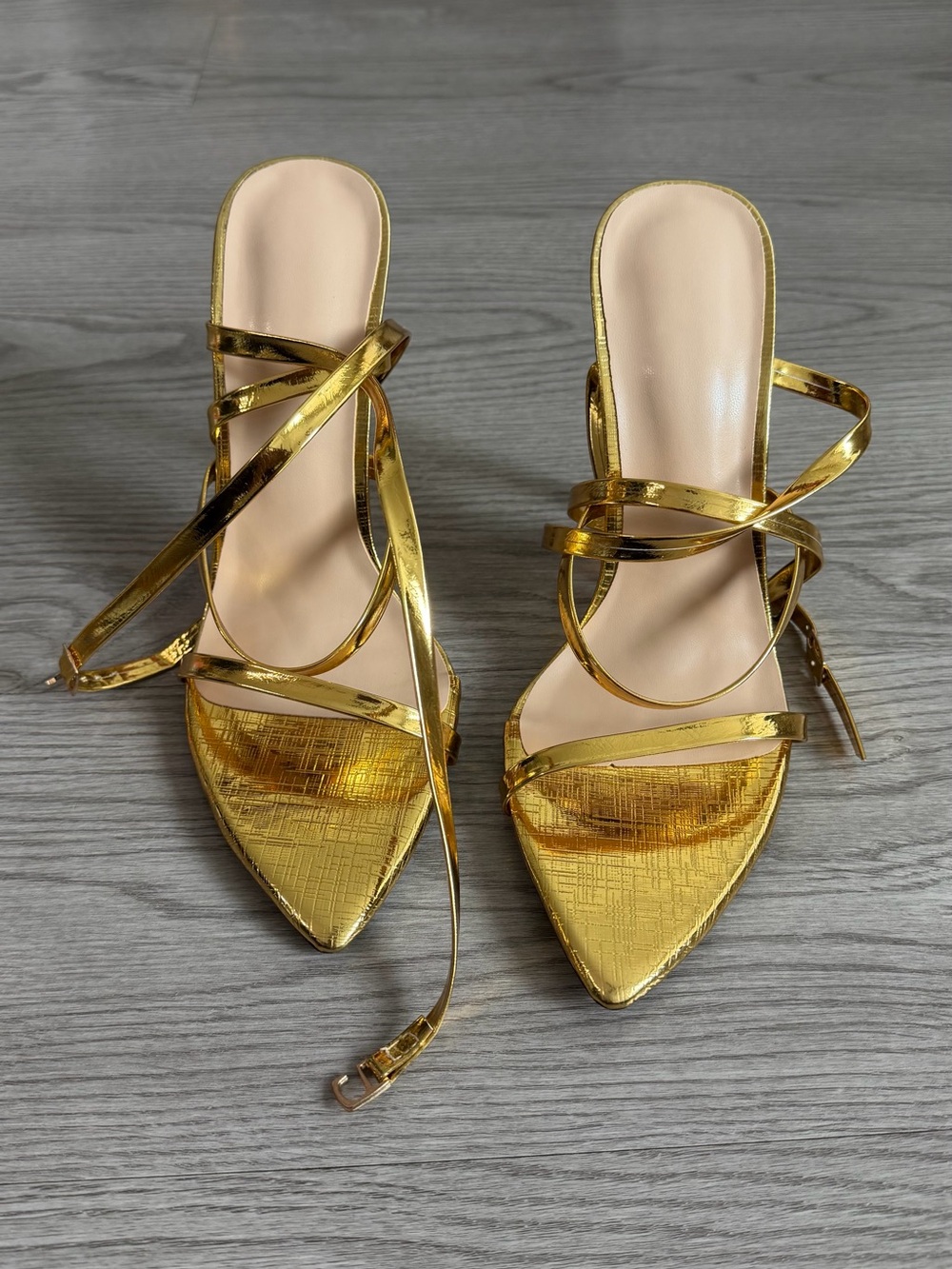 SHEIN Metallic Gold Pointed-Strap Lace-Up Heels